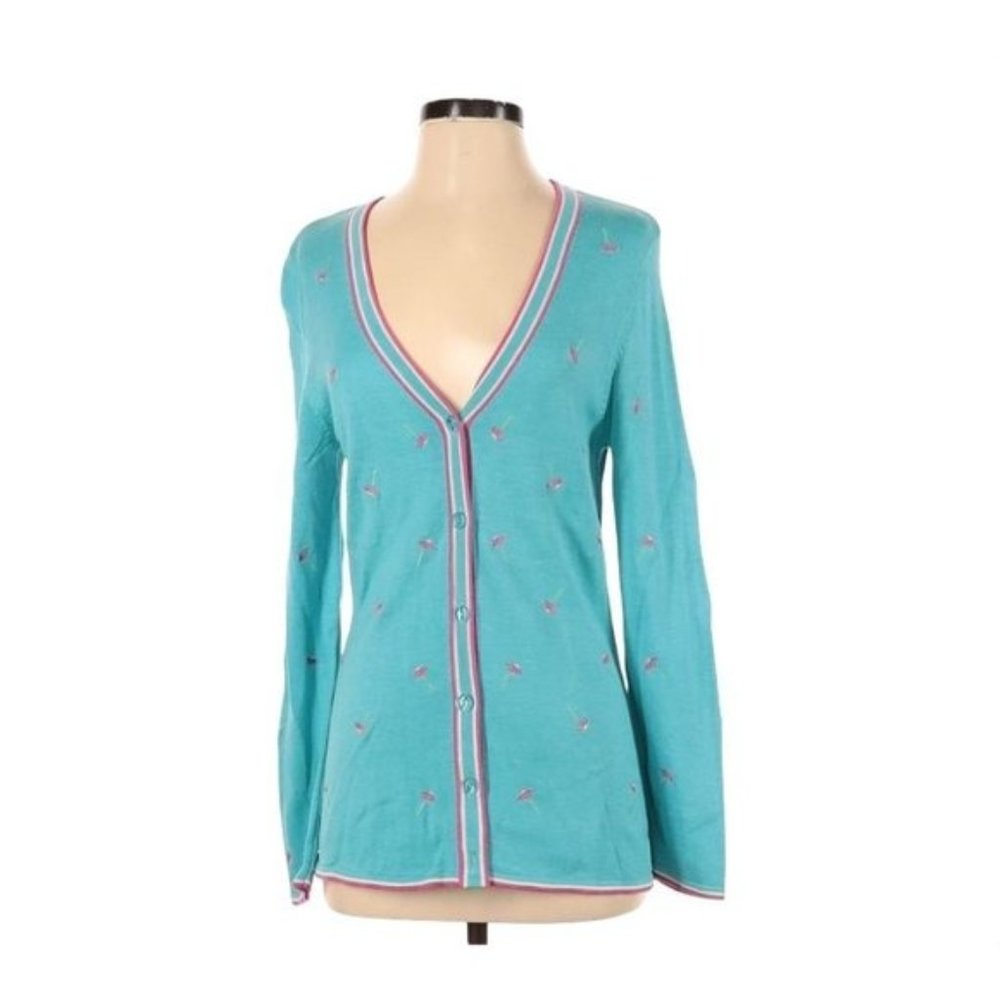Quacker Factory Turquoise Embroidery Flowers Cardigan Sweater Silk Cotton Blend
